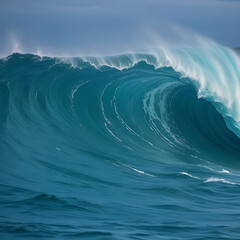 A powerful wave from the Pacific Ocean crashes against the shore, its crest frothing white as it surges forward, reflecting the vibrant blue of the open sea.