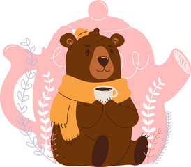 Cute bear holding cup with teapot background