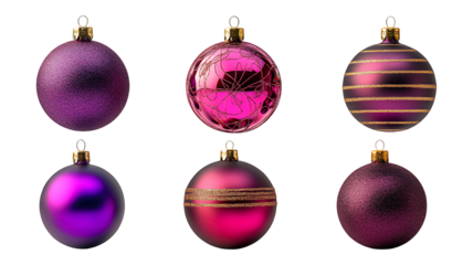 A collection of purple Christmas balls isolated on a white background, perfect for holiday decoration and celebration with clipping path, PNG collection, PNG image, PNG files, Generative art.