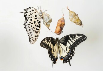 Naklejka premium Butterfly life cycle stages with chrysalises, featuring a black and white butterfly, showcasing metamorphosis against a soft white background, highlighting nature s beauty and transformation