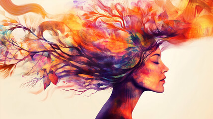 
A vibrant and artistic side profile of a woman's face, blending seamlessly into an explosion of nature and abstract elements. Happy Woman Day.