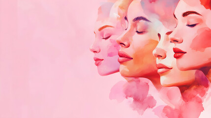 
Women's day celebration banner, 8 march, multiple women faces. Woman's day art.