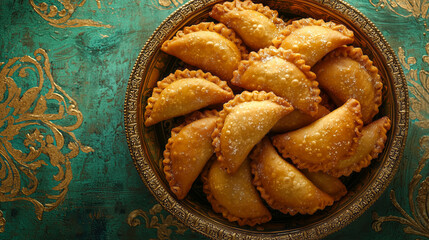 Crispy, golden Gujiya with a delicate sugar coating, arranged in a traditional bowl