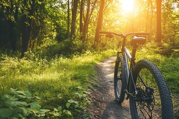 Fototapeta premium Mountain bike on forest trail at sunset, adventure, outdoor, sport, nature, summer
