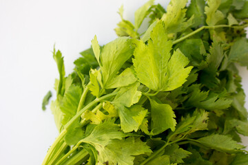 Use this description for a detailed shot of celery stalks. Mention the vibrant green color and the crisp texture.