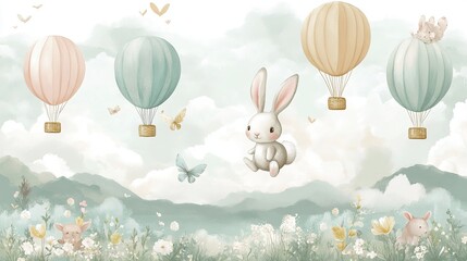 Transport yourself to a whimsical wonderland with this charming illustration. As you gaze upon its surface, you will be greeted by an adorable bunny hopping beneath vibrant hot air balloons