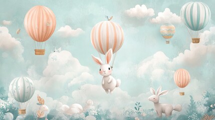 Transport yourself to a whimsical wonderland with this charming illustration. As you gaze upon its surface, you will be greeted by an adorable bunny hopping beneath vibrant hot air balloons