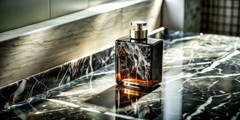 Sophisticated glass perfume bottle on a marble countertop.