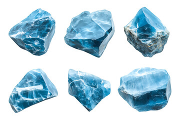 Obraz premium A collection of blue and white gemstones arranged artistically, featuring a mix of crystal-like qualities and abstract shapes that evoke a cool, transparent aesthetic with clipping path, PNG