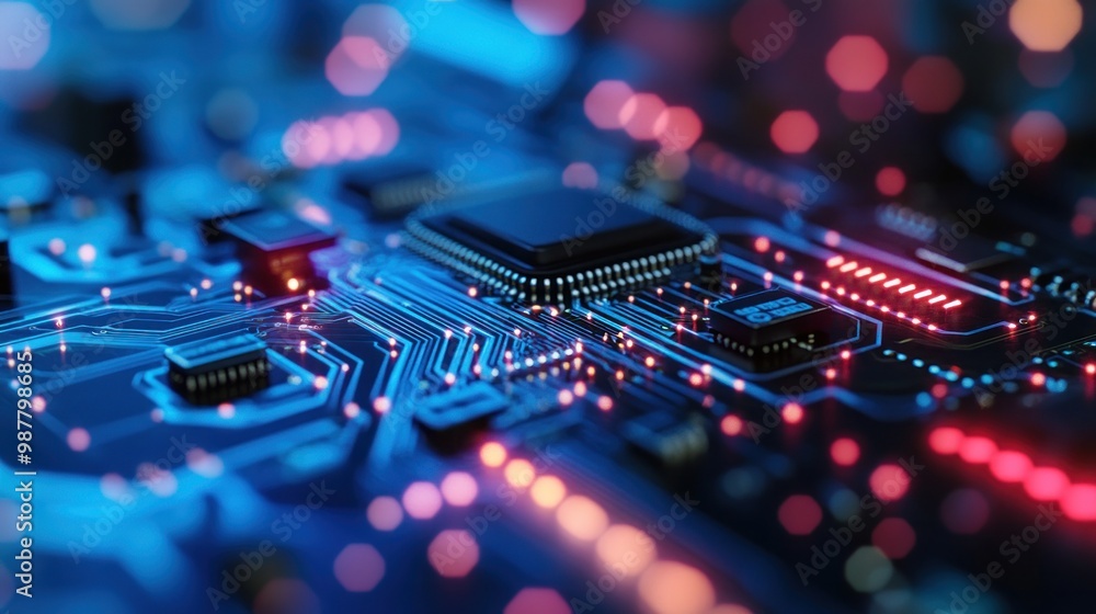Aufkleber close-up of a circuit board with glowing components and intricate pathways.