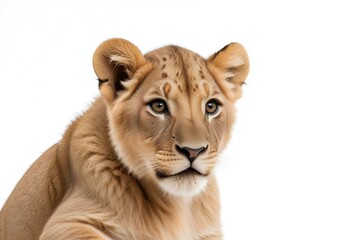 Obraz premium A close-up portrait of a young African lion cub with a fur coat and piercing eyes against a plain white background