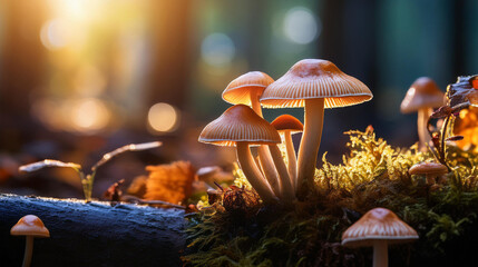 Mushrooms growing in nature with beautiful lighting