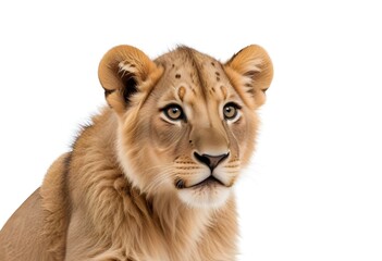 A close-up portrait of a young African lion cub with a fur coat and piercing eyes against a plain white background