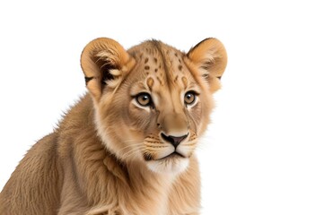 Obraz premium A close-up portrait of a young African lion cub with a fur coat and piercing eyes against a plain white background