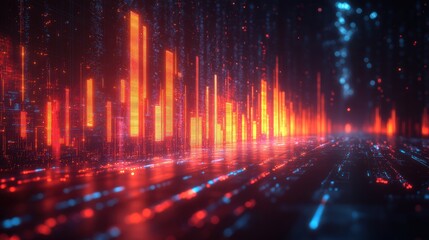 A digital financial background with graphs and bar charts, in the style of a blue neon light abstract cityscape.