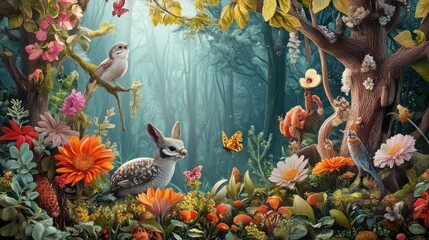 A Surreal Forest Scene with Animals and Flowers