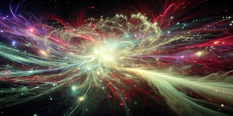 Cosmic explosion of colorful nebulae and stars in space.