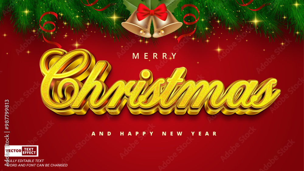 Poster merry christmas and happy new year vector text effect with christmas tree branches and jingle bells 