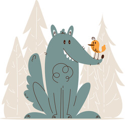 Cute wolf with bird in cartoon forest © Javvani