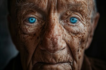 A detailed close up image of an elderly man s face showcasing blue eyes