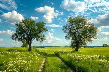 Green meadow with two trees and blue sky with clouds, path leads into the distance