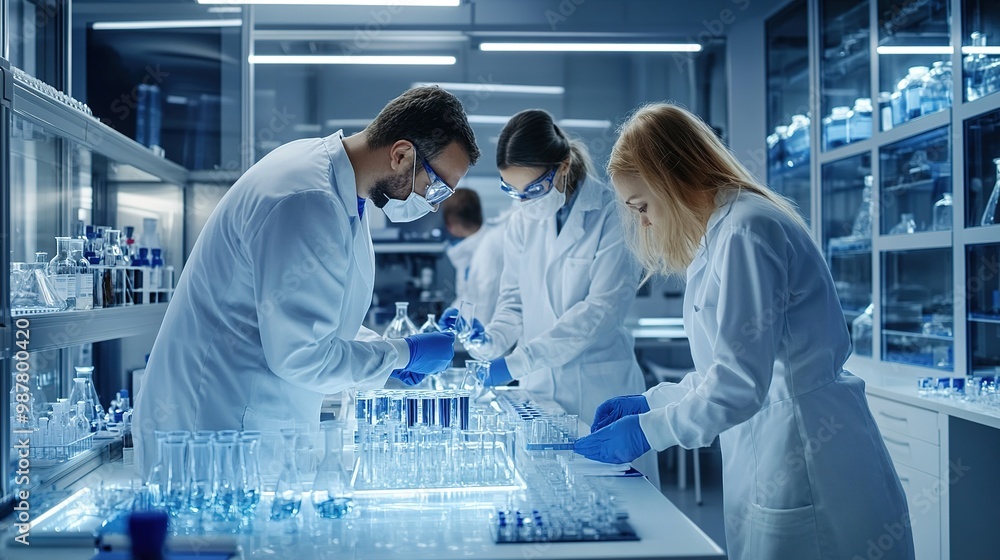 Poster a team of scientists in lab coats working with glassware in a modern laboratory setting, focused on 