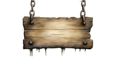 An old wooden sign hanging on a white background, featuring a vintage design with a chain and metal accents, perfect for a blank placard or signpost with clipping path, PNG collection, PNG image, PNG 