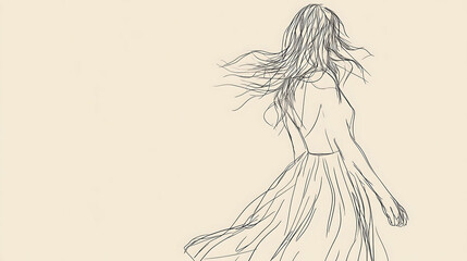 Line art drawing of a woman in a dress with her hair blowing in the wind.