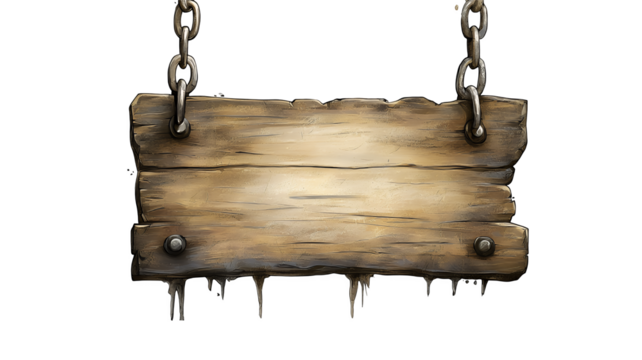 An old wooden sign hanging on a white background, featuring a vintage design with a chain and metal accents, perfect for a blank placard or signpost with clipping path, PNG collection, PNG image, PNG 
