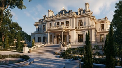 Obraz premium A Grand French-Style Mansion with Lush Gardens and Stone Steps