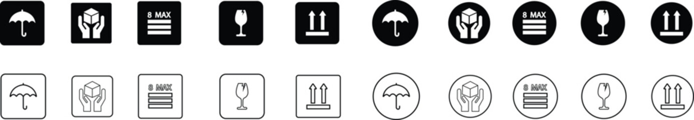 Sticker fragile handle with care, black fragile warning label, label with broken glass symbol, maximum stock, umbrella, direction sign, holding box vector set asset collection line and flat isolated.