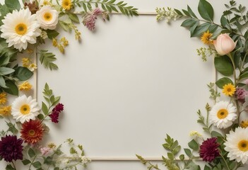 Fototapeta premium Dried flowers and leaves arranged in a frame on a light background