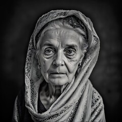 Mujer de la tercera edad, anciana, con mirada nostálgica y añoranza por los años de juventud. Representa la vejez.