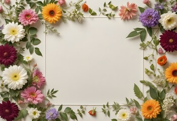 Dried flowers and leaves arranged in a frame on a light background
