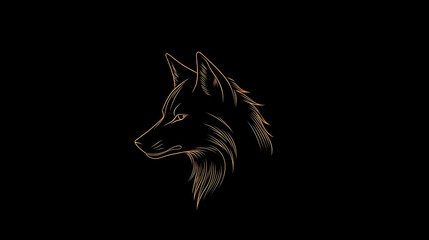 Fototapeta premium A minimalist line drawing of a wolf's head in orange on a black background.