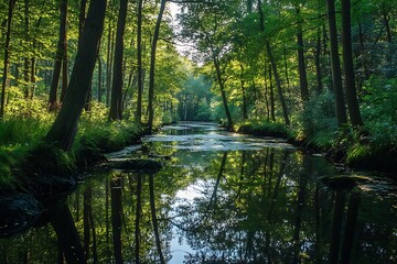 Fototapeta premium Tranquil River Flowing Through a Lush Green Forest