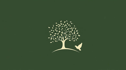 A minimalist illustration of a tree and a bird on a green background.
