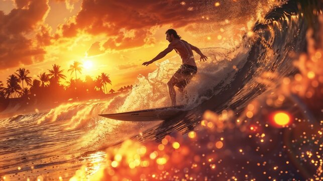 A man rides a large wave on his surfboard during a sunset