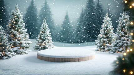 Snow-covered podium with fir trees for Christmas and New Year product display.
