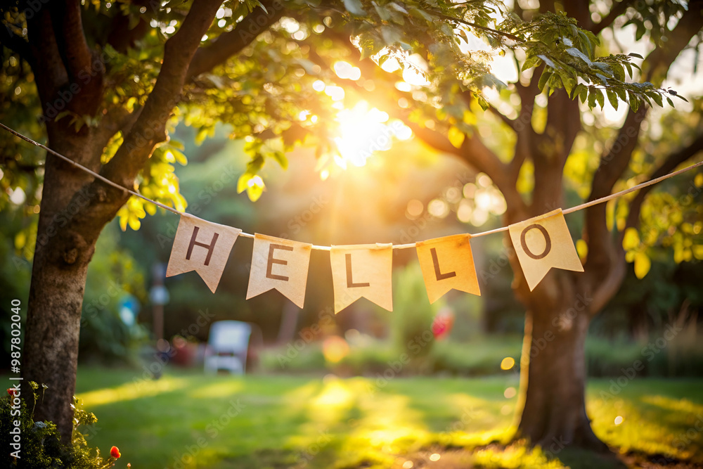 Fototapete a banner with the word hello is hanging from a tree in a park. the banner is made of wood and is tie