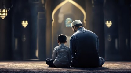 Muslim father and son praying together in mosque