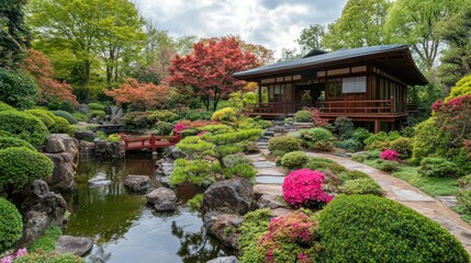 Japanese Garden with Wooden House, Red Bridge, Pond, and Blooming Flowers