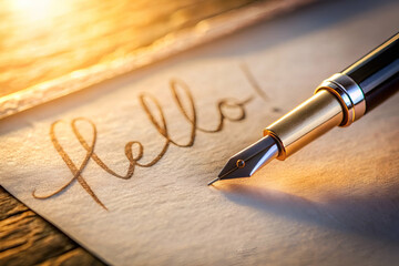 Fototapeta premium A pen is on a piece of paper with the word Hello written in cursive. The pen is black and the paper is brown