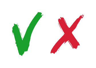 Hand drawn checklist symbols. Green check mark and red cross mark vector icons.