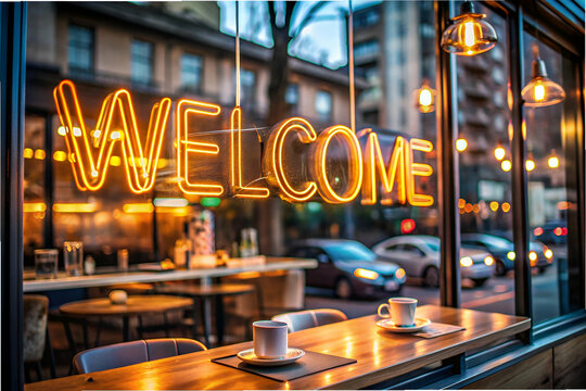 A neon sign that says "Welcome" is lit up in a restaurant. The sign is illuminated and can be seen through a window. The restaurant has tables and chairs, and there are cups and a bottle on the tables