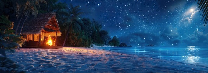 A cozy cabin sits on a beach under a starry night sky.