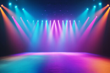 Empty stage illuminated by vibrant pink and blue spotlights. Concert stage with neon colored spotlights. Concert hall or theater background with copy space