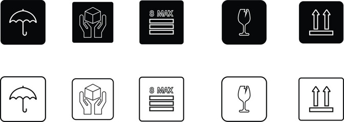 Sticker fragile handle with care, black fragile warning label, label with broken glass symbol, maximum stock, umbrella, direction sign, holding box vector set asset collection line and flat isolated.
