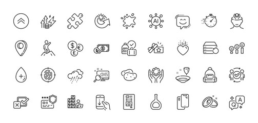 Dollar money, Fingerprint and Cognac bottle line icons pack. AI, Question and Answer, Map pin icons. Timer, Money currency, Loyalty gift web icon. Vector