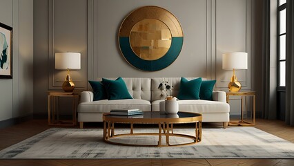 Art deco interior design of modern living room, home. Golden round coffee table near white sofa with teal pillows against wall with poster.Living room in art deco style